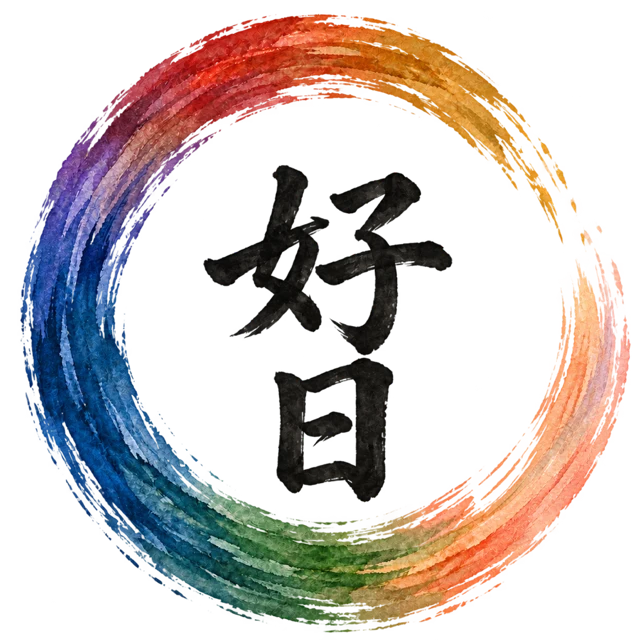 Der Kōjitsu-Ensō: ein gemalter, rechts offener Kreis in den Farben der sechs Lebensbereiche, mit 好日 in der Mitte.